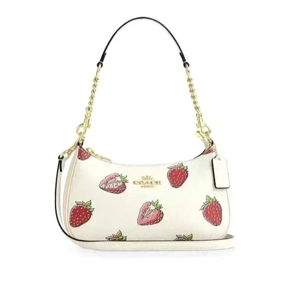 NWT Coach Teri Shoulder Bag With Strawberry Print Chalk Gold - Picture 2 of 13